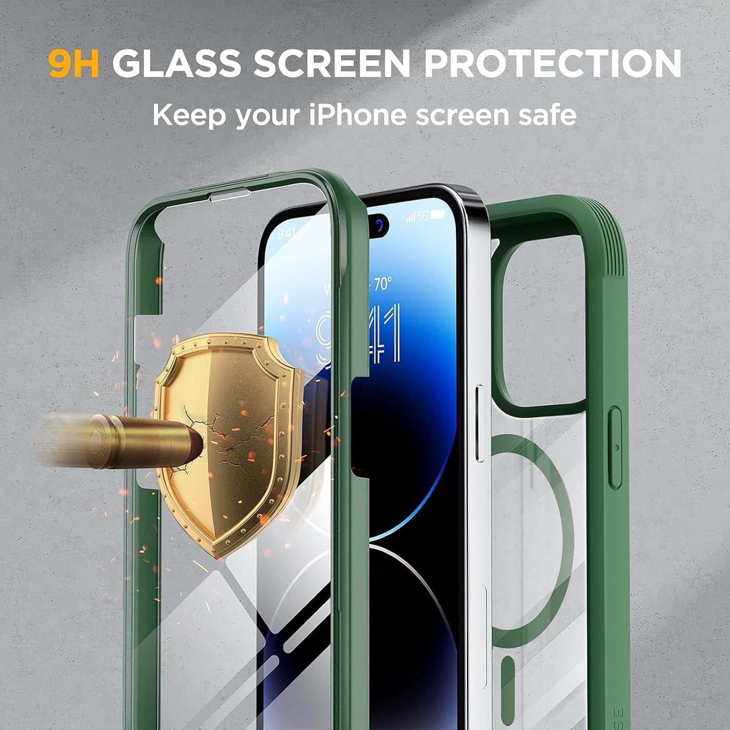 71ZOvi8N1AL._AC_SL1500_ Miracase Magnetic for iPhone 14 Pro Case 6.1 inch, (Compatible with MagSafe) Upgrade Full-Body Clear Phone Bumper Case with Built-in 9H Tempered Glass Screen Protector, Magnetic Acacia Green