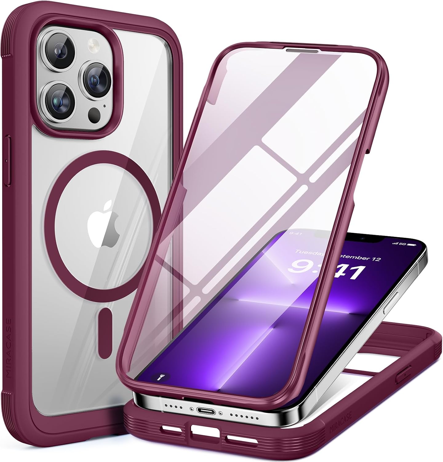 71amtI1U5TL._AC_SL1500_ Miracase Magnetic for iPhone 13 Pro Max Case 6.7 inch, (Compatible with MagSafe) Upgrade Full-Body Clear Phone Bumper Case with Built-in 9H Tempered Glass Screen Protector, Magnetic Wine Red
