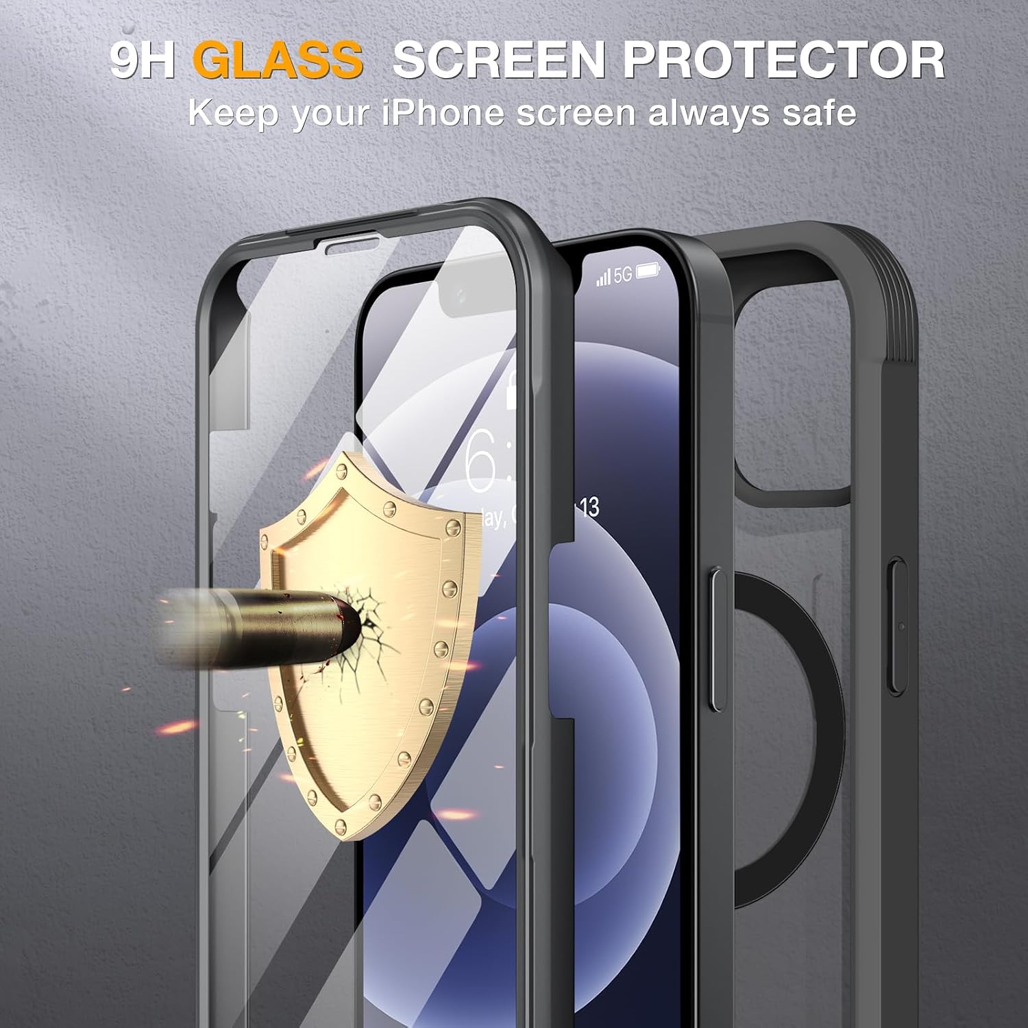 71awswpPYqL._AC_SL1500_ Miracase Magnetic for iPhone 12/12 Pro Case 6.1 inch, (Compatible with MagSafe) Upgrade Full-Body Clear Phone Bumper Case with Built-in 9H Tempered Glass Screen Protector, Magnetic Classic Black