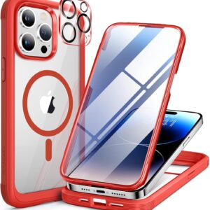 71bfZWhH3OL._AC_SL1500_ Miracase Magnetic for iPhone 14 Pro Max Case 6.7 inch, (Compatible with MagSafe) Upgrade Full-Body Clear Phone Bumper Case with Built-in 9H Tempered Glass Screen Protector, Magnetic Red