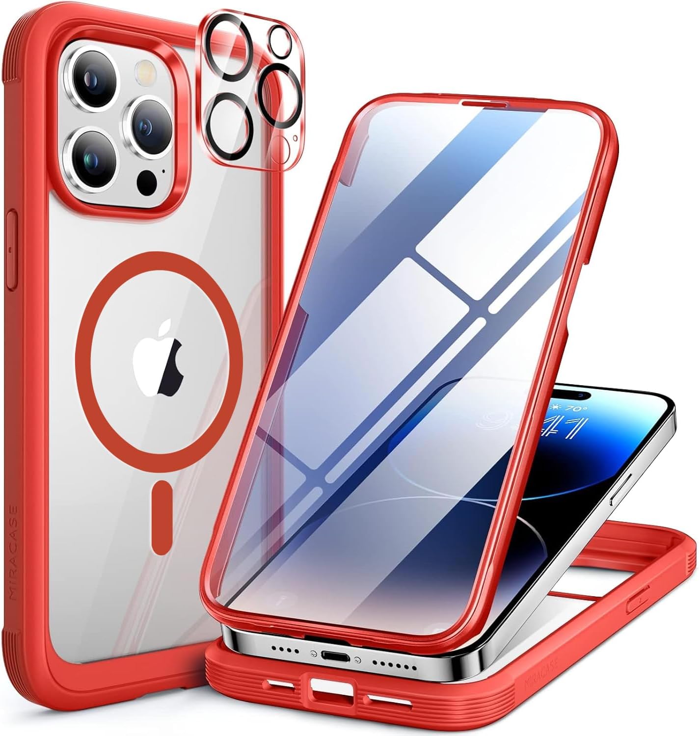 71bfZWhH3OL._AC_SL1500_ Miracase Magnetic for iPhone 14 Pro Max Case 6.7 inch, (Compatible with MagSafe) Upgrade Full-Body Clear Phone Bumper Case with Built-in 9H Tempered Glass Screen Protector, Magnetic Red