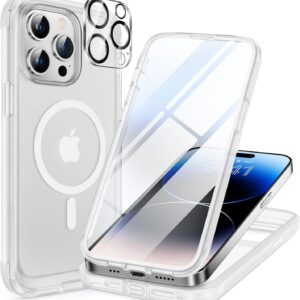 Miracase Glass Series Designed for iPhone 14 Pro Max Case 6.7 Inch, Upgrade Full-Body Magnetic Case with Built-in 9H Tempered Glass Screen Protector, with Camera Lens Protector, Frosted Clear