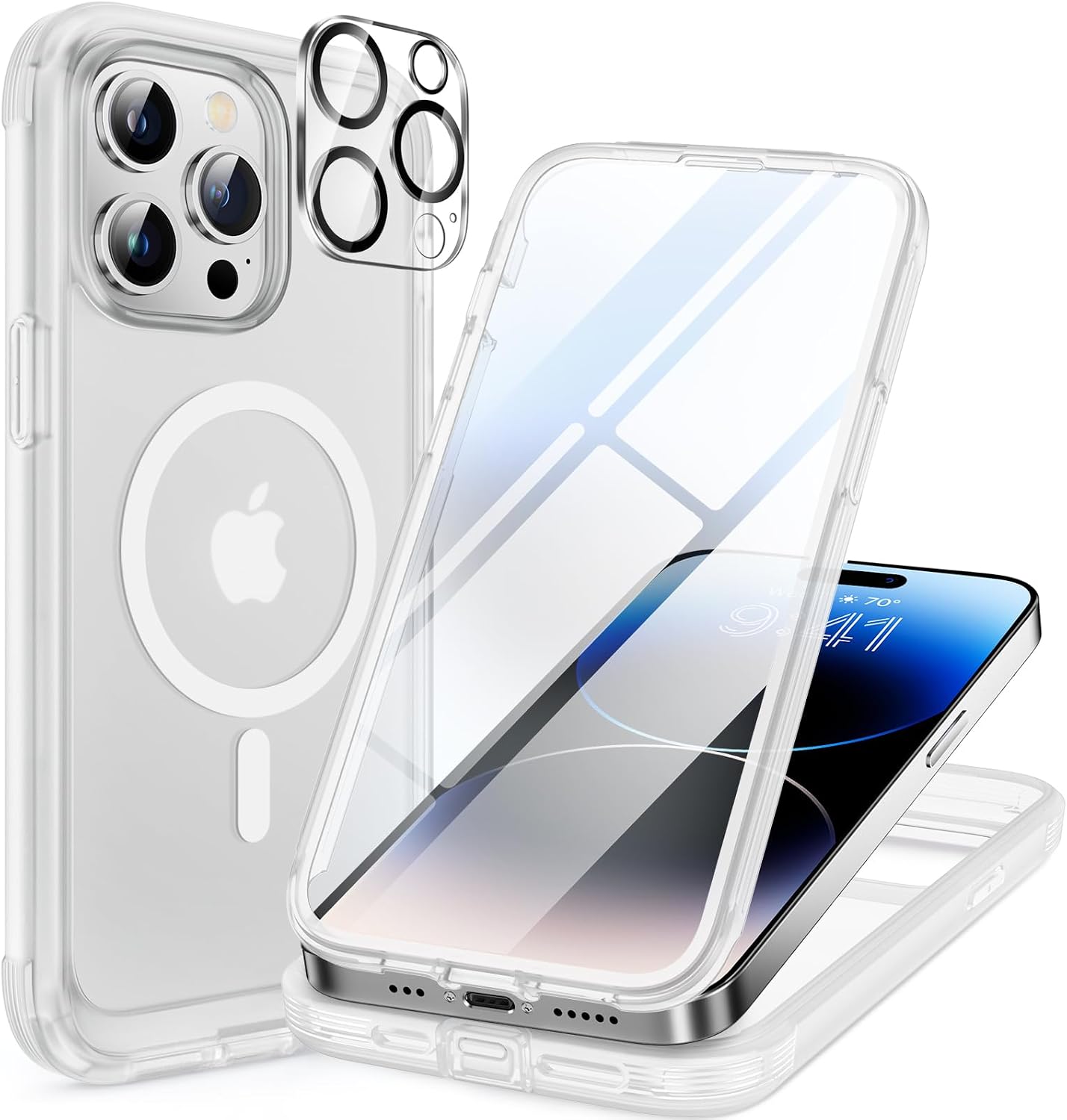 71c0hIUUotL._AC_SL1500_ Miracase Glass Series Designed for iPhone 14 Pro Max Case 6.7 Inch, Upgrade Full-Body Magnetic Case with Built-in 9H Tempered Glass Screen Protector, with Camera Lens Protector, Frosted Clear