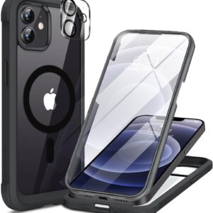 Miracase Magnetic for iPhone 12/12 Pro Case 6.1 inch, (Compatible with MagSafe) Upgrade Full-Body Clear Phone Bumper Case with Built-in 9H Tempered Glass Screen Protector, Magnetic Classic Black