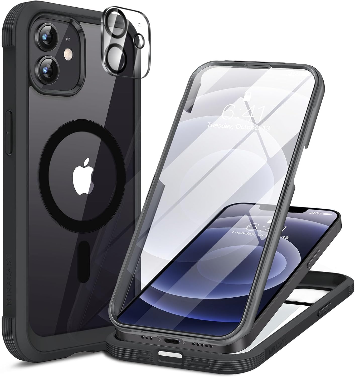 71d6KdpjAkL._AC_SL1500_ Miracase Magnetic for iPhone 12/12 Pro Case 6.1 inch, (Compatible with MagSafe) Upgrade Full-Body Clear Phone Bumper Case with Built-in 9H Tempered Glass Screen Protector, Magnetic Classic Black