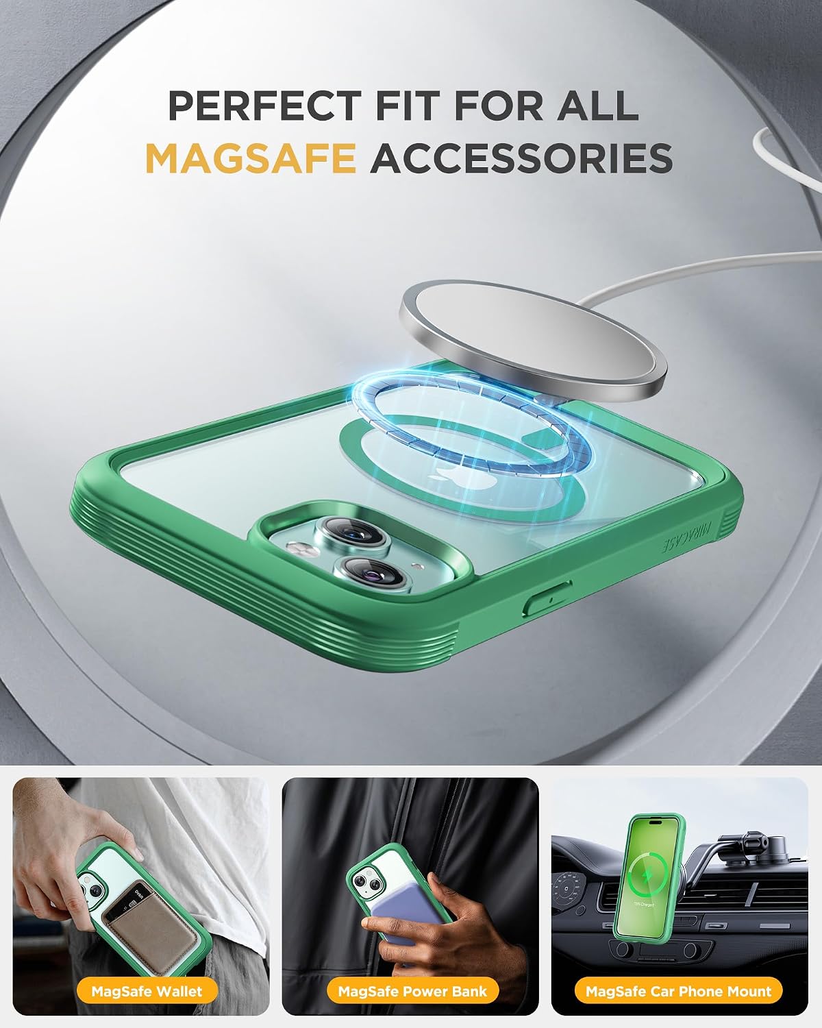 Miracase Magnetic for iPhone 15 Plus Case 6.7'' [Compatible with Magsafe] Full-Body Military Drop Proof 15 Plus Phone Case Cover with Built-in 9H Tempered Glass Screen Protector,Magnetic Green