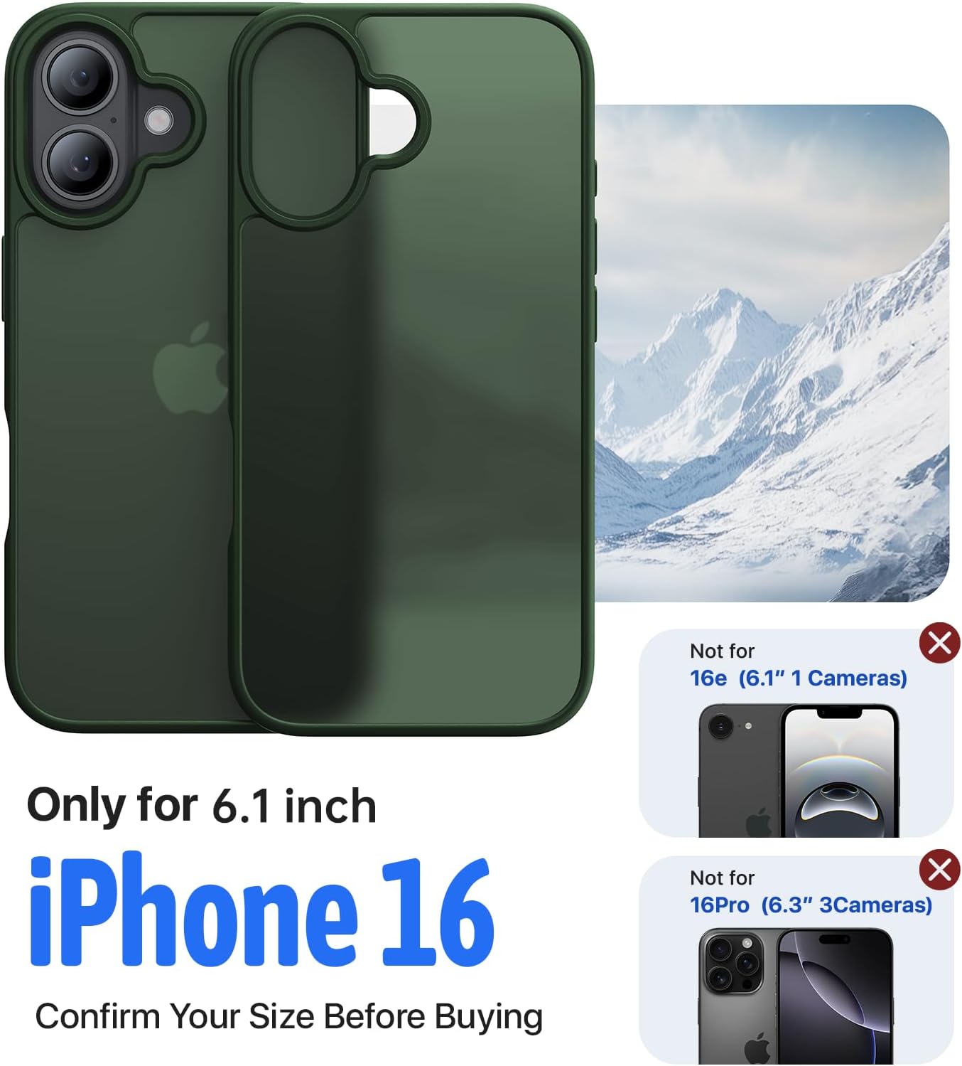 Eastinbox for iPhone 16 Case [16FT Military Grade Shockproof], Anti-Slip Anti-Scratch, Slim Translucent Frosted Matte Protective Cover, i Phone 16 Phone Case 6.1", Green