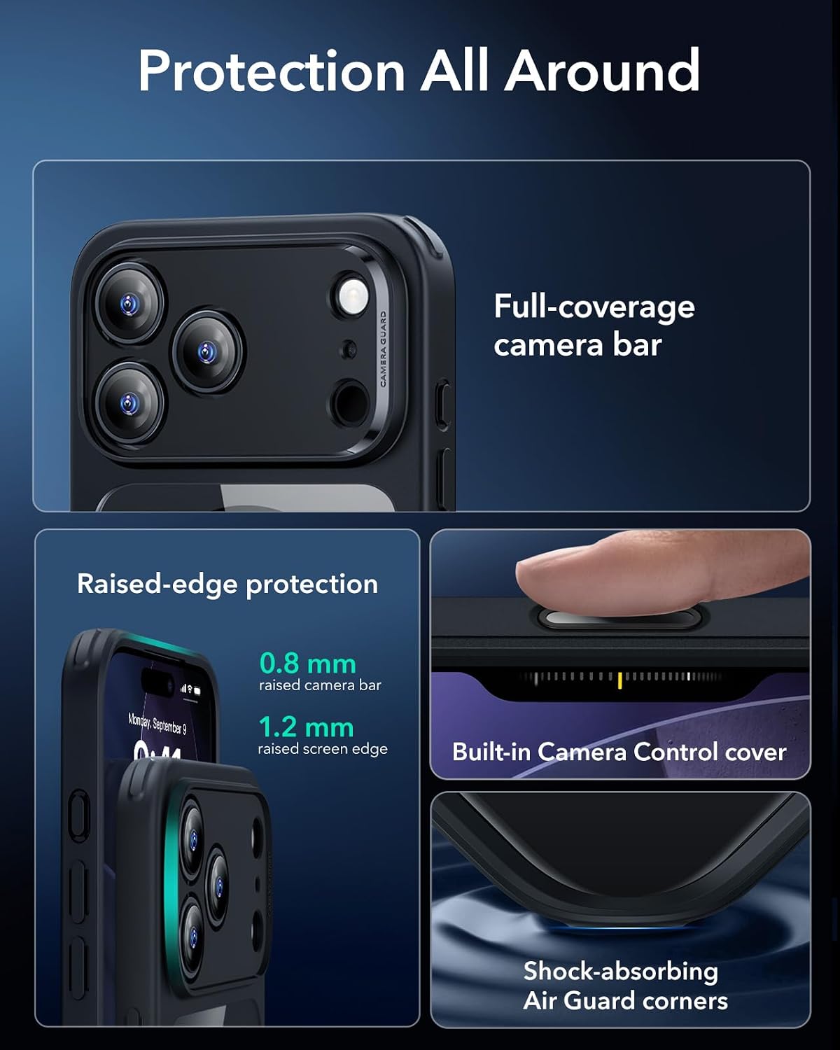 71fj2ISKdcL._AC_SL1500_ ESR for iPhone 17 Pro Case, Camera Control Cover, Compatible with MagSafe, Shockproof Military-Grade Protection, Magnetic Phone Case for iPhone 17 Pro, Classic Hybrid Case, Clear Black