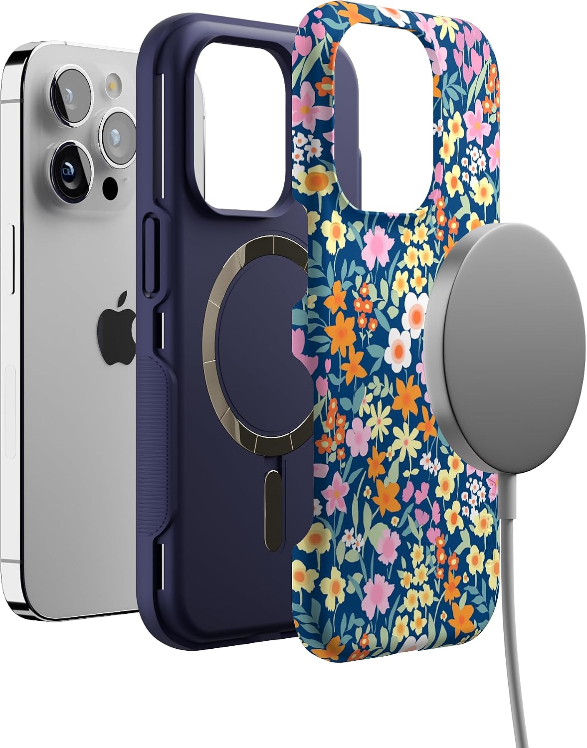 71fjR7Qv3SL._AC_SL1500_ Casely iPhone 14 Pro Case | Full Bloom | Navy Floral | Bold Protective Design | Compatible with MagSafe