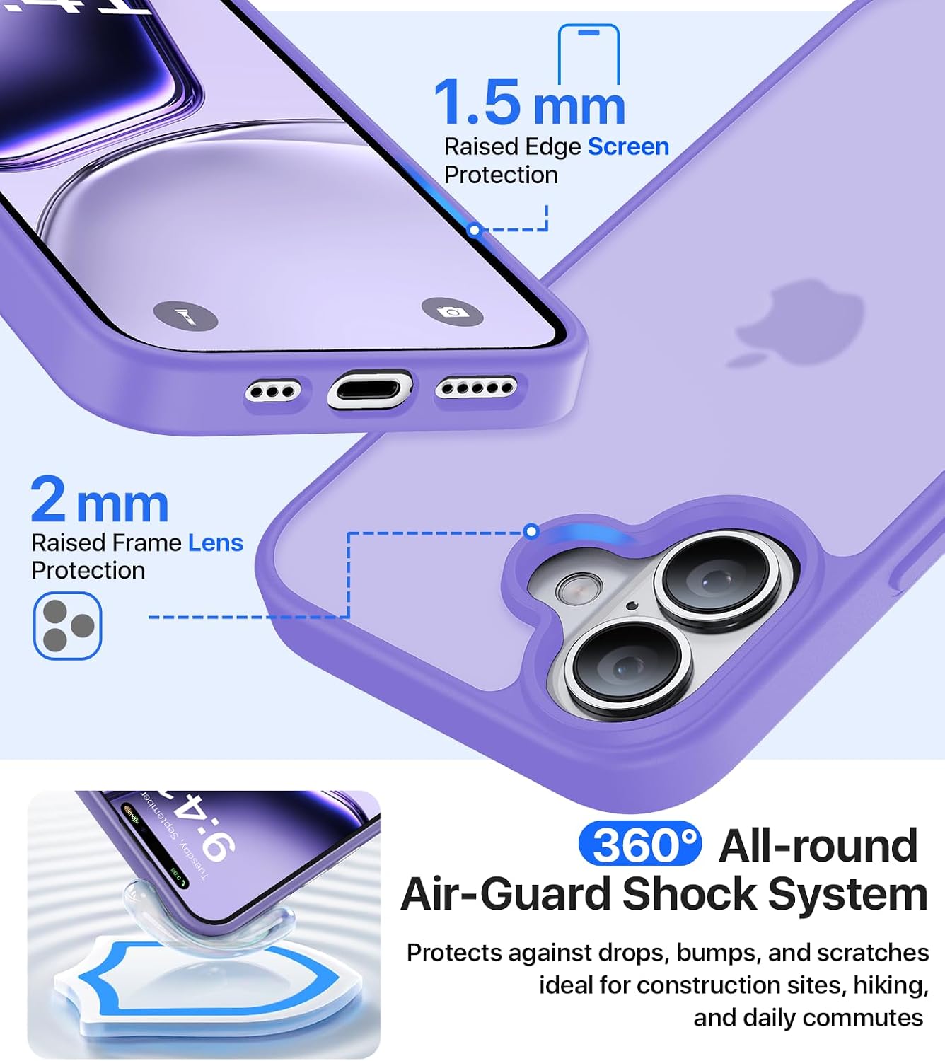 Eastinbox for iPhone 17 Case [16FT Military Grade Shockproof], Anti-Slip Anti-Scratch, Slim Translucent Frosted Matte Phone Cover, Case for i Phone17 6.3", Lightpurple