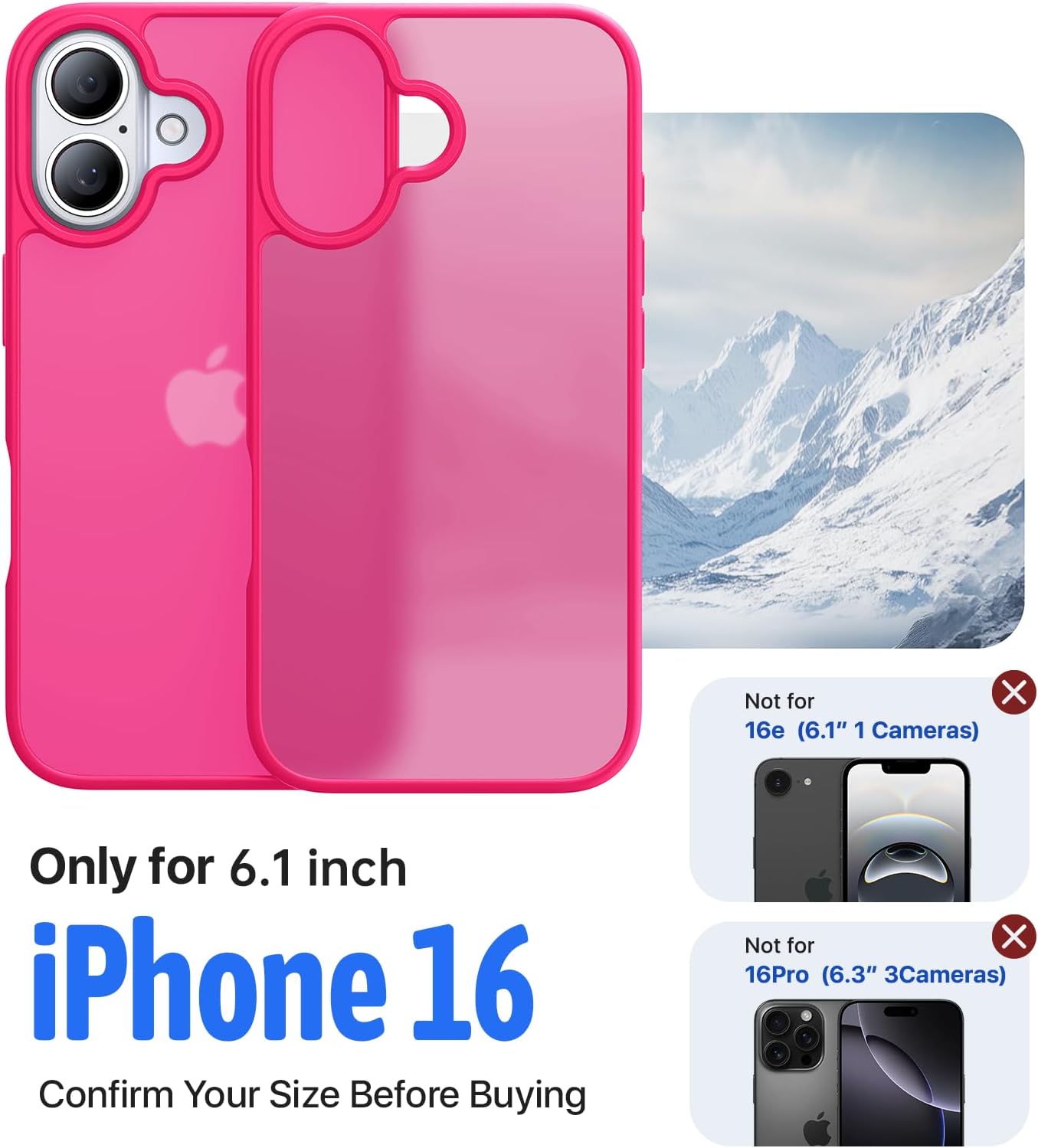 Eastinbox for iPhone 16 Case [16FT Military Grade Shockproof], Anti-Slip Anti-Scratch, Slim Translucent Frosted Matte Protective Cover, i Phone 16 Phone Case 6.1", Hotpink