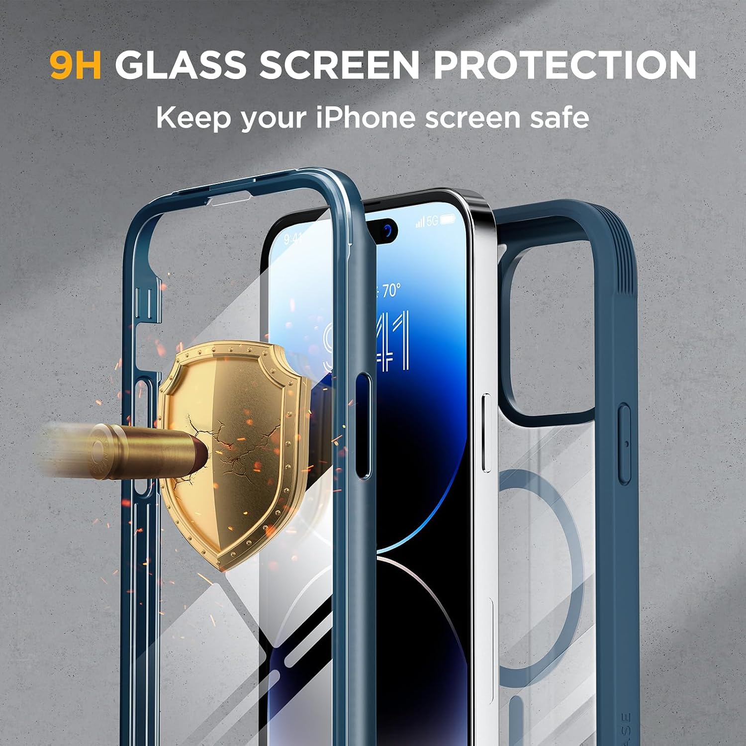 71gm7NcIAgL._AC_SL1500_ Miracase Glass Series Designed for iPhone 14 Pro Max Case 6.7 Inch, Upgrade Full-Body Magnetic Case with Built-in 9H Tempered Glass Screen Protector, with Camera Lens Protector, Storm Blue