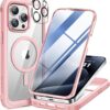 Miracase Magnetic for iPhone 15 Pro Case [Compatible with MagSafe] Full-Body Phone case with Built-in Glass Screen Protector& Camera Protector, Military Drop Proof 15 Pro Cover, Magnetic Pink