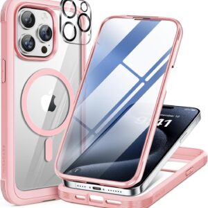 Miracase Magnetic for iPhone 15 Pro Case [Compatible with MagSafe] Full-Body Phone case with Built-in Glass Screen Protector& Camera Protector, Military Drop Proof 15 Pro Cover, Magnetic Pink