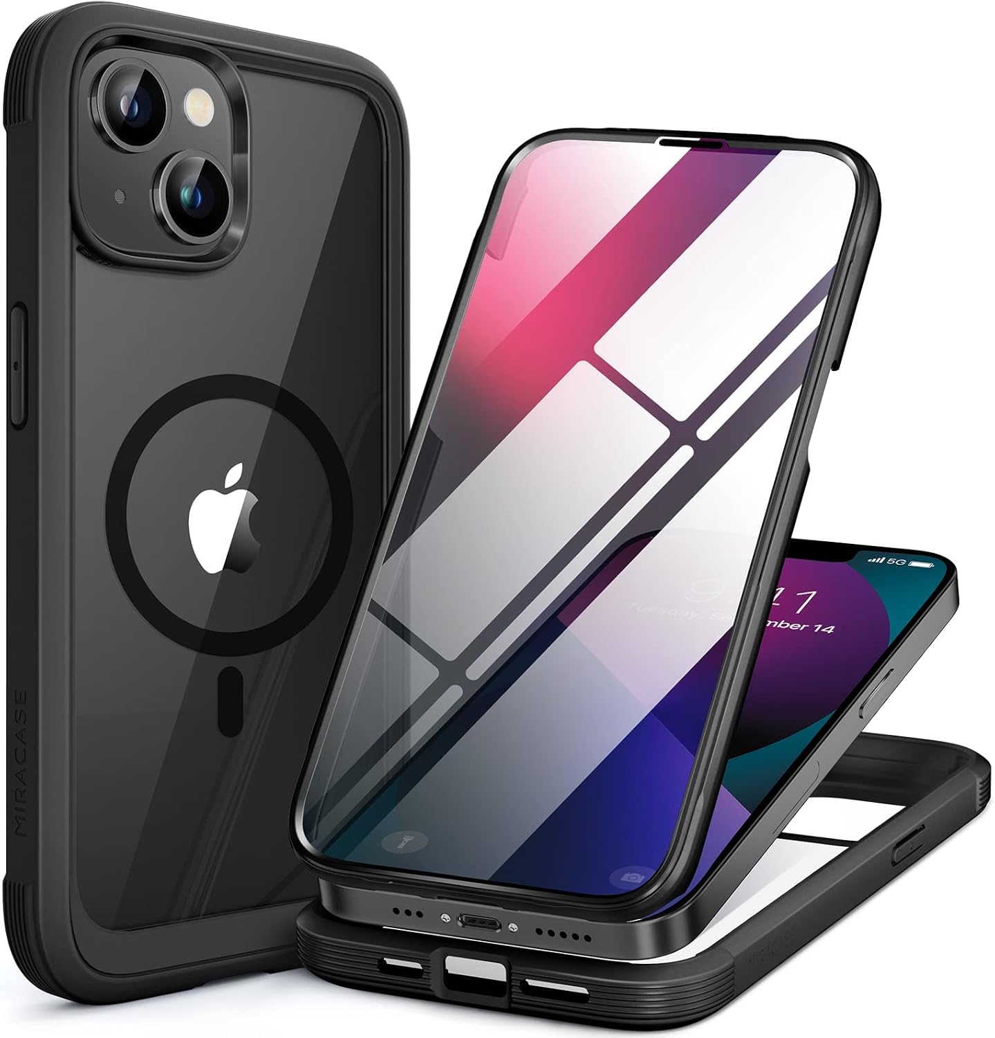 71hUdAD9TTL._AC_SL1500_ Miracase for iPhone 13 mini Case 5.4",Full-Body Protection,Clear Bumper Case with Built-in 9H Tempered Glass Screen Protector,Military-Grade Drop Protection Outdoor Phone Case for iPhone 13 mini,Black