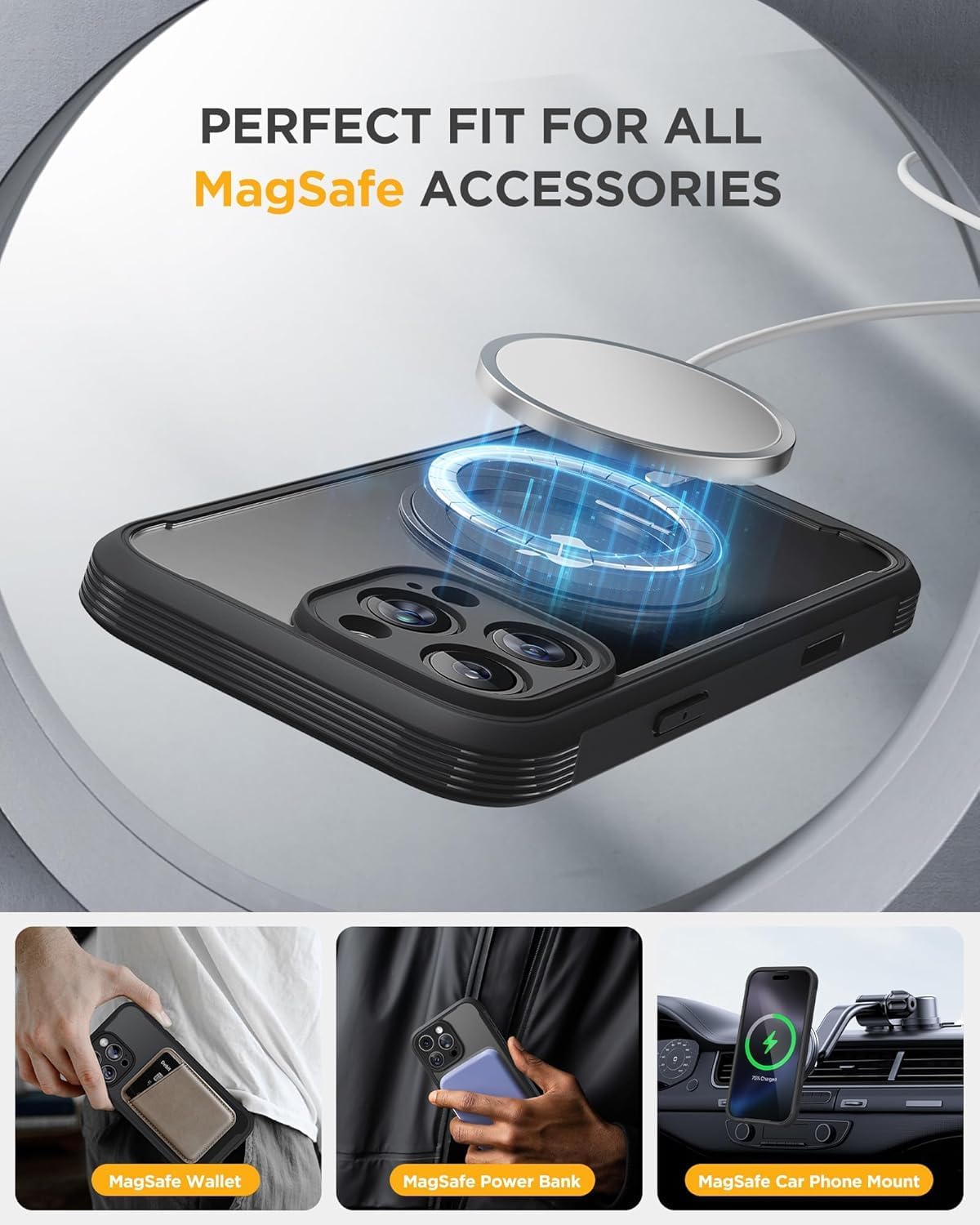 Miracase for iPhone 16 Pro Case with 360° Magnetic Ring Stand [Compatible with Magsafe] Full-Body Drop Proof Bumper Phone Case with Built-in 9H Tempered Glass Screen Protector,Black