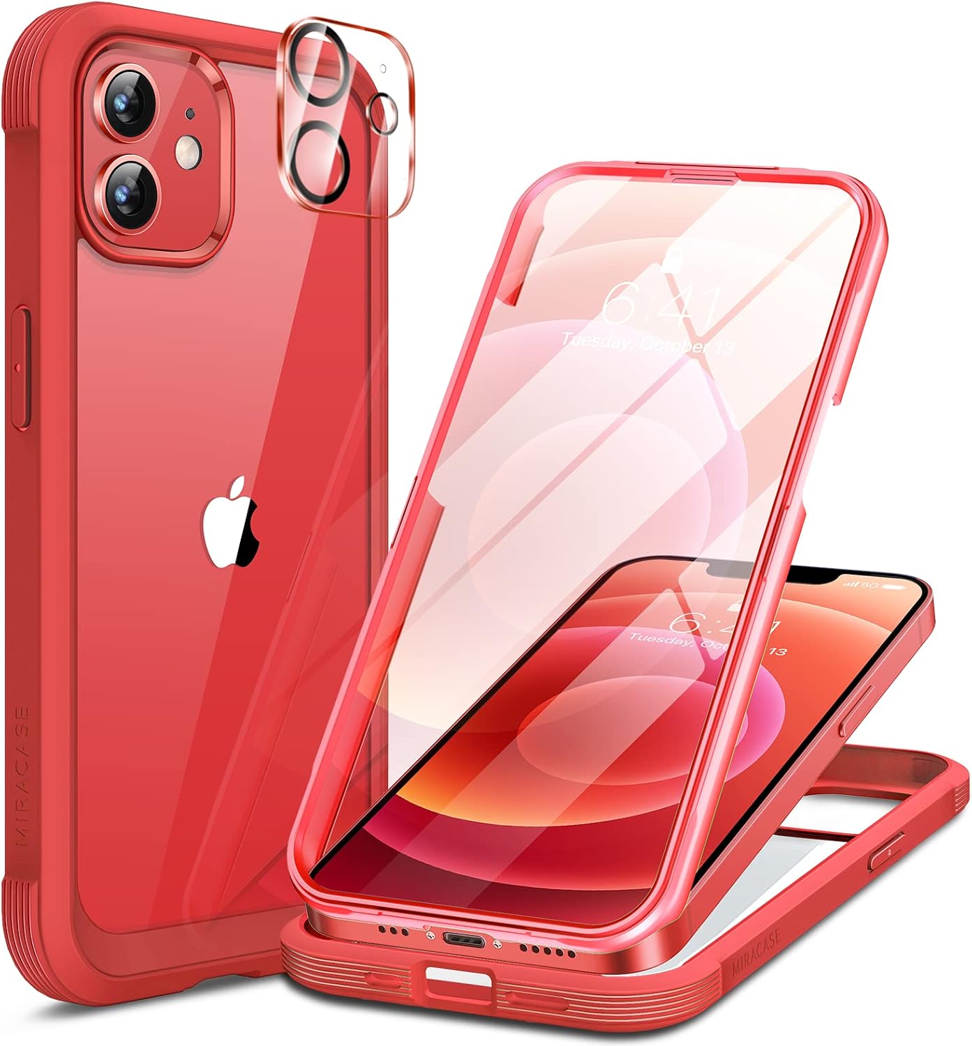 71iCZNfdUyL._AC_SL1500_ Miracase Glass Series for iPhone 12/12 Pro Case 6.1 inch, Upgraded Full-Body Rugged Phone Bumper Case Cover with Built-in 9H Tempered Glass Screen Protector and Camera Protector, Red