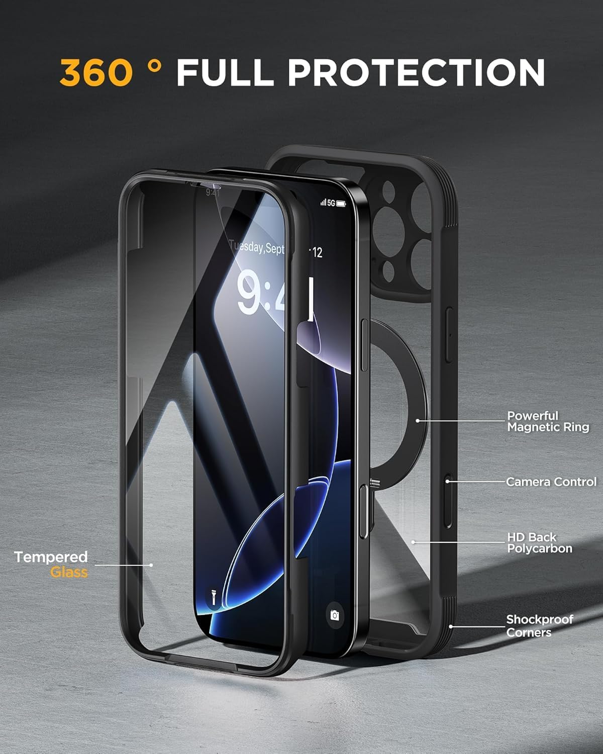 Miracase for iPhone 16 Pro Case with 360° Magnetic Ring Stand [Compatible with Magsafe] Full-Body Drop Proof Bumper Phone Case with Built-in 9H Tempered Glass Screen Protector,Black