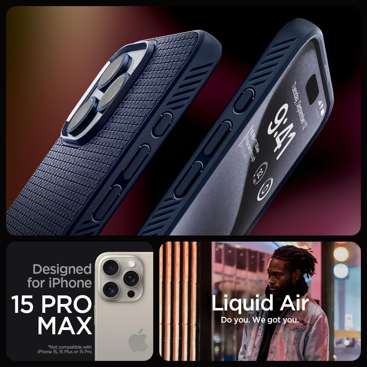 Spigen Liquid Air Designed for iPhone 15 Pro Max Case (2023) [Military-Grade Protection] - Navy Blue