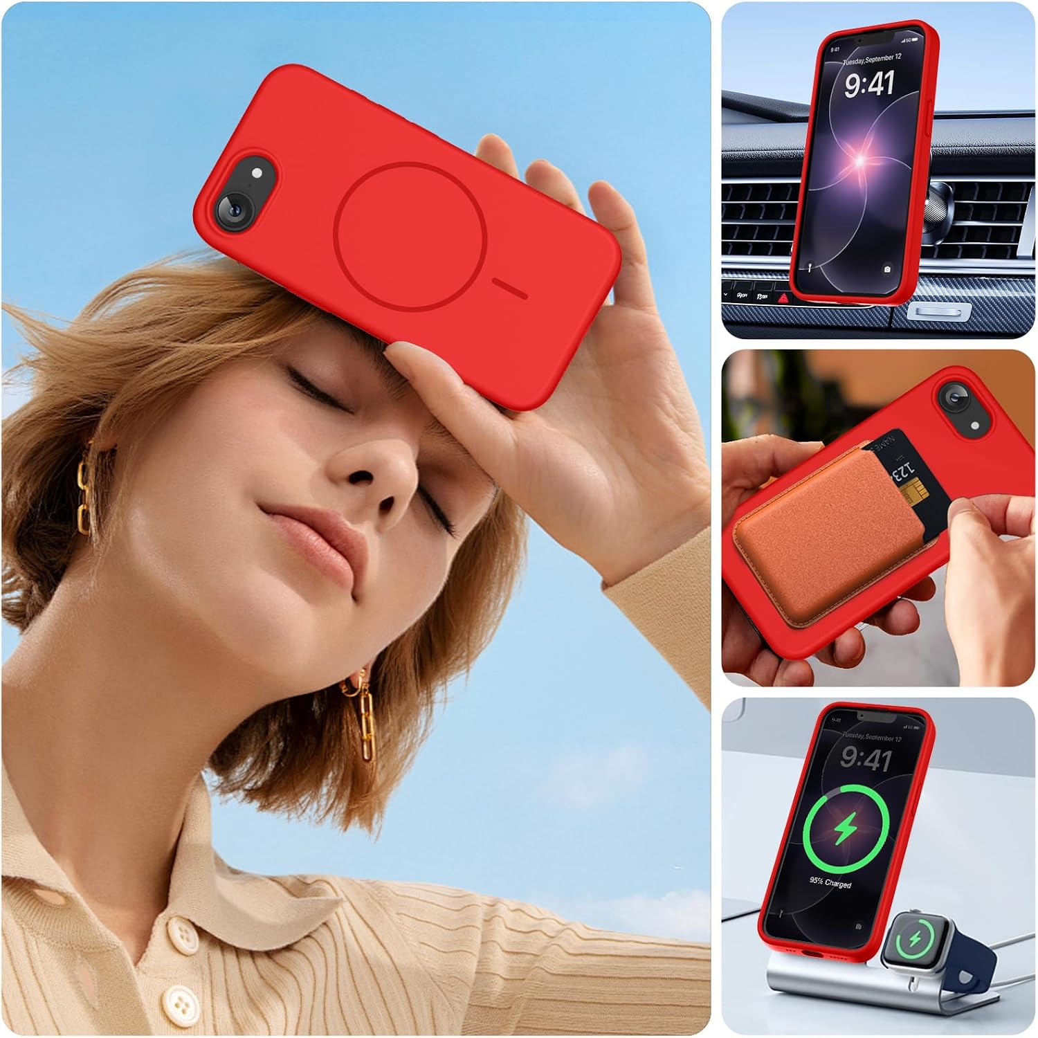 Miracase Magnetic for iPhone 17e Case & iPhone 16e Case, [Soft Anti-Scratch Microfiber Lining], Compatible with MagSafe, Silicone Shockproof Protection Phone Case for iPhone 17e/16e, Red