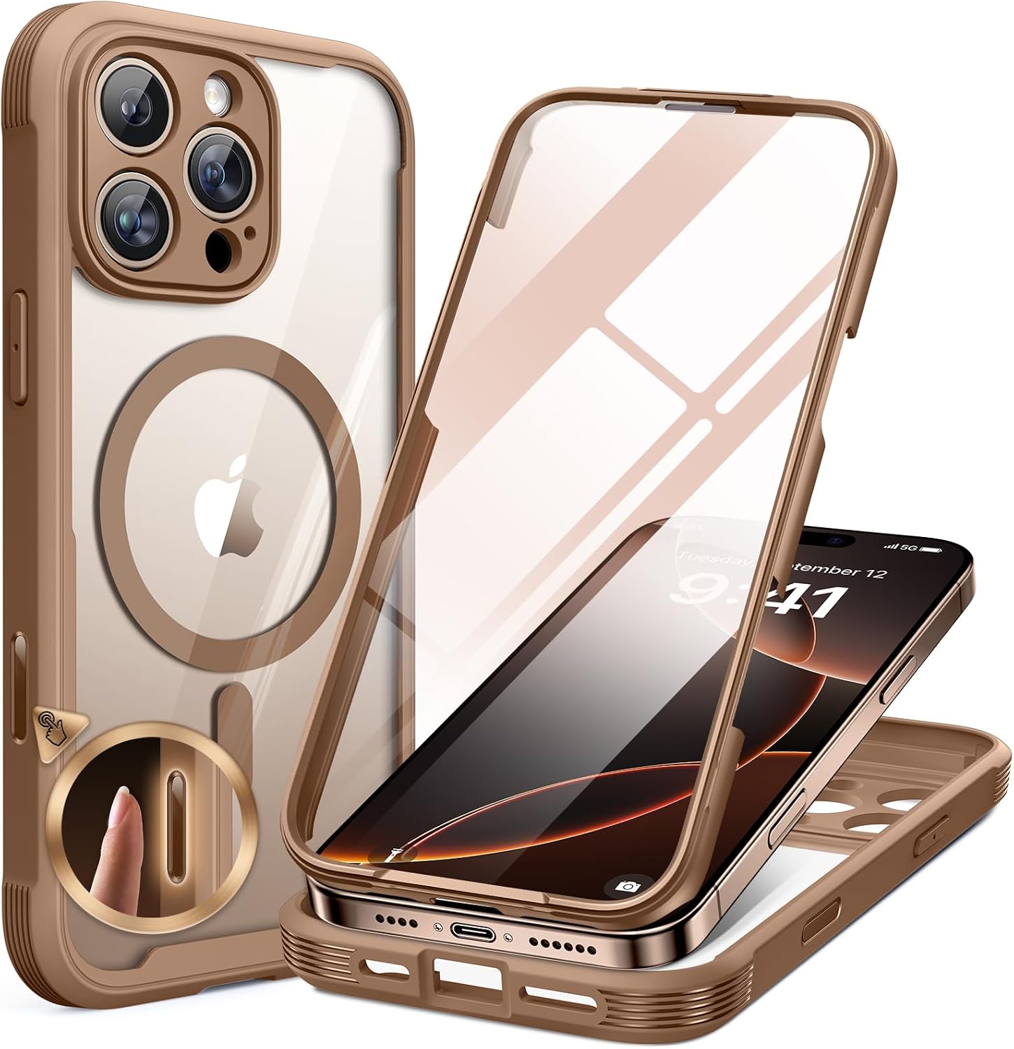 Miracase Magnetic for iPhone 16 Pro Case Full-Body Phone with Built-in Glass Screen Protector, [Compatible with MagSafe] Military Drop Proof 16 Pro Cover Bumper 6.3 inch, Gold Brown