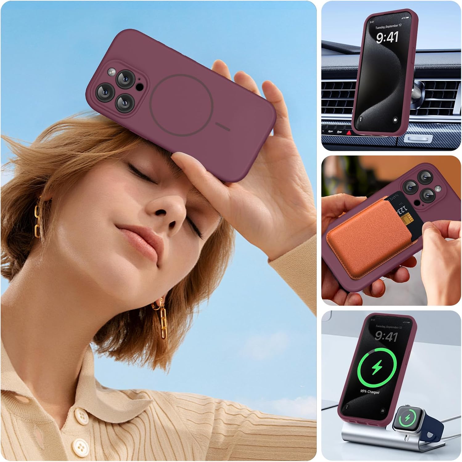 Miracase Magnetic for iPhone 15 Pro Max Case, [Soft Anti-Scratch Microfiber Lining], Compatible with MagSafe, Liquid Silicone Case Shockproof Drop Protection Phone Case for 15 ProMax, Wine Red