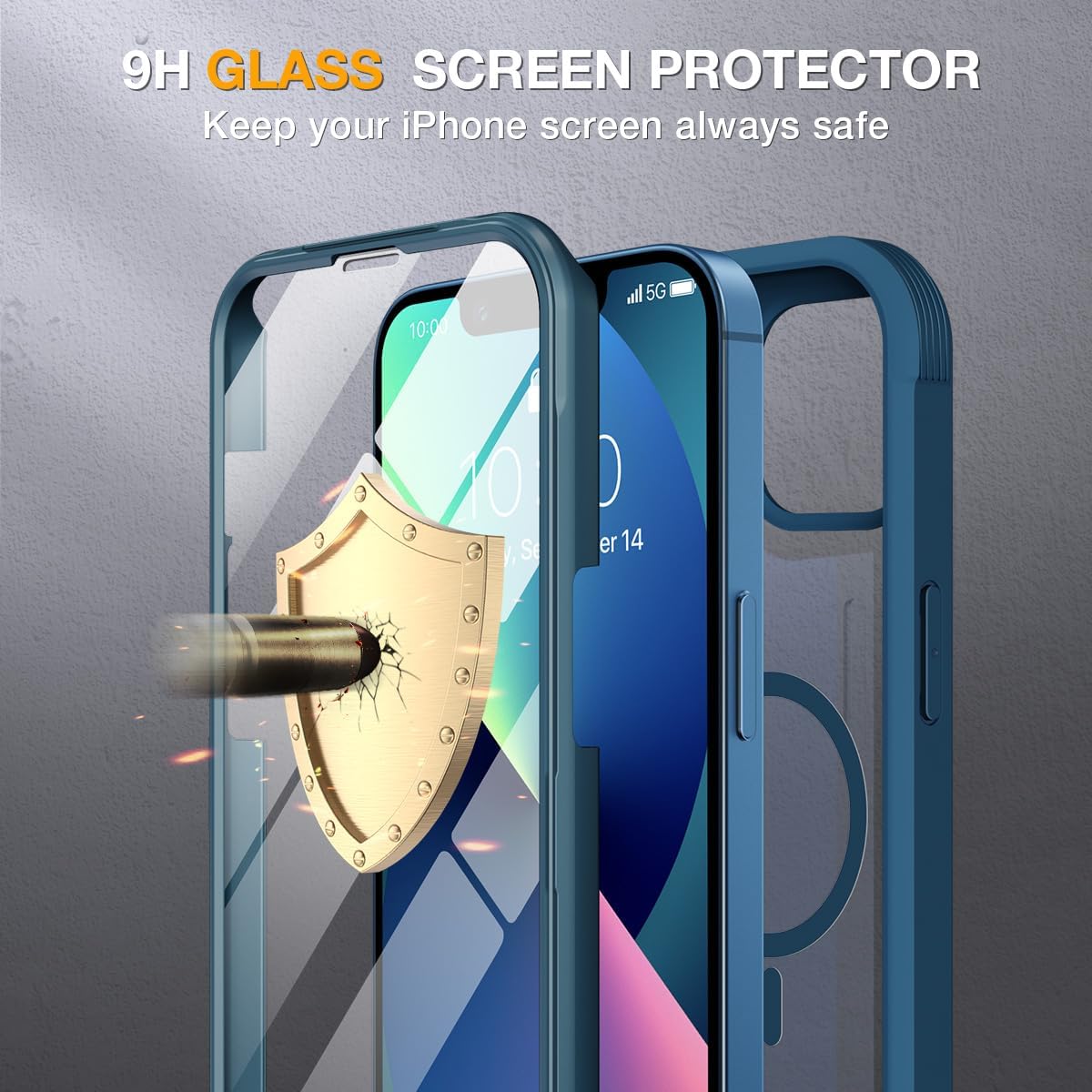 71lSrLWnfyL._AC_SL1200_ Miracase for iPhone 13 Case 6.1'',Full-Body Magnetic Clear Bumper Case with Built-in 9H Tempered Glass Screen Protector,Military Drop Protection Outdoor Phone Case,Storm Blue