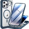 71lugG6yt9L._AC_SL1500_ Miracase Glass Series Designed for iPhone 14 Pro Max Case 6.7 Inch, Upgrade Full-Body Magnetic Case with Built-in 9H Tempered Glass Screen Protector, with Camera Lens Protector, Storm Blue