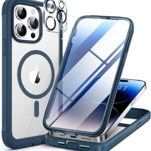 71lugG6yt9L._AC_SL1500_ Miracase Glass Series Designed for iPhone 14 Pro Max Case 6.7 Inch, Upgrade Full-Body Magnetic Case with Built-in 9H Tempered Glass Screen Protector, with Camera Lens Protector, Storm Blue