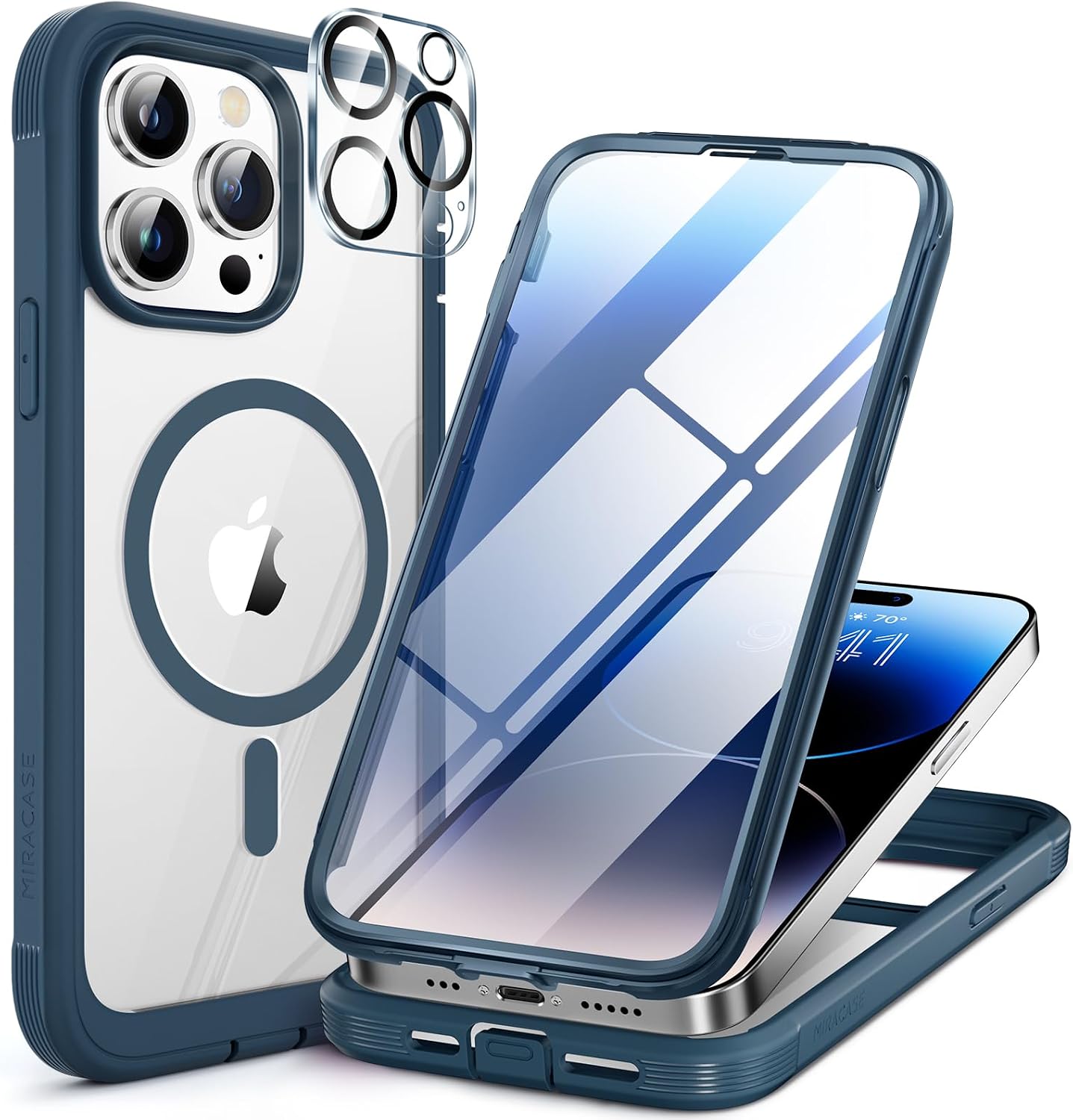 71lugG6yt9L._AC_SL1500_ Miracase Glass Series Designed for iPhone 14 Pro Max Case 6.7 Inch, Upgrade Full-Body Magnetic Case with Built-in 9H Tempered Glass Screen Protector, with Camera Lens Protector, Storm Blue