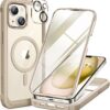 Miracase Glass Series for iPhone 15 Case [Compatible with MagSafe] Full-Body Magnetic Bumper Case with Built-in 9H Tempered Glass Anti-Fingerprint Screen Protector + Camera Lens Protector, Beige