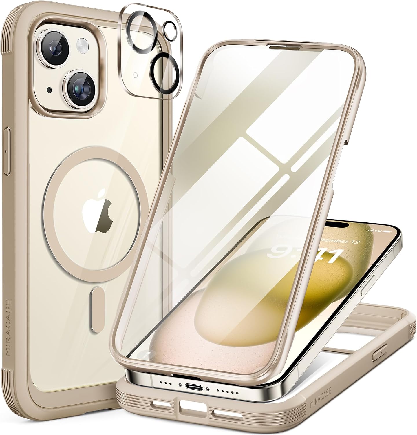 Miracase Glass Series for iPhone 15 Case [Compatible with MagSafe] Full-Body Magnetic Bumper Case with Built-in 9H Tempered Glass Anti-Fingerprint Screen Protector + Camera Lens Protector, Beige