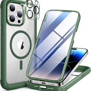 Miracase Magnetic for iPhone 14 Pro Case 6.1 inch, (Compatible with MagSafe) Upgrade Full-Body Clear Phone Bumper Case with Built-in 9H Tempered Glass Screen Protector, Magnetic Acacia Green