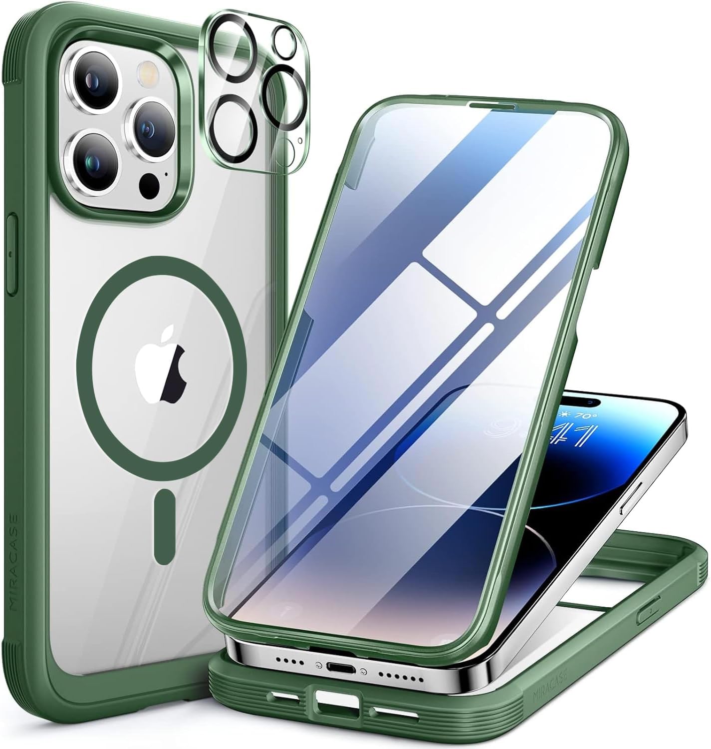 71mWLHBb0L._AC_SL1500_ Miracase Magnetic for iPhone 14 Pro Case 6.1 inch, (Compatible with MagSafe) Upgrade Full-Body Clear Phone Bumper Case with Built-in 9H Tempered Glass Screen Protector, Magnetic Acacia Green