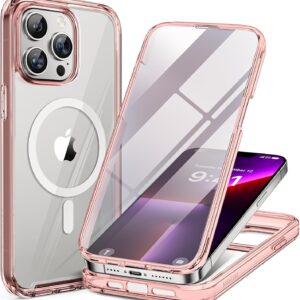71nQUQc5sL._AC_SL1500_ Miracase Magnetic for iPhone 13 Pro Max Case 6.7 inch, (Compatible with MagSafe) Upgrade Full-Body Clear Phone Bumper Case with Built-in 9H Tempered Glass Screen Protector, Magnetic Clear Pink