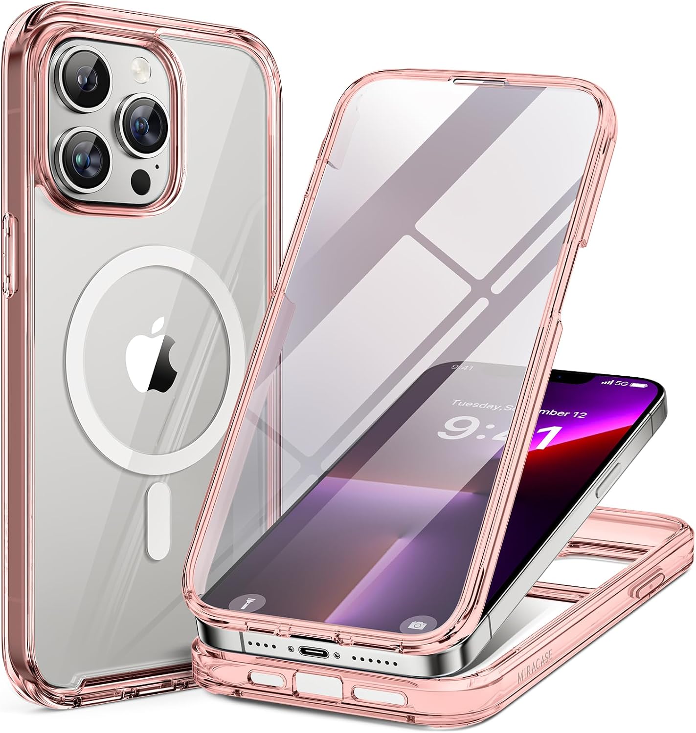 71nQUQc5sL._AC_SL1500_ Miracase Magnetic for iPhone 13 Pro Max Case 6.7 inch, (Compatible with MagSafe) Upgrade Full-Body Clear Phone Bumper Case with Built-in 9H Tempered Glass Screen Protector, Magnetic Clear Pink