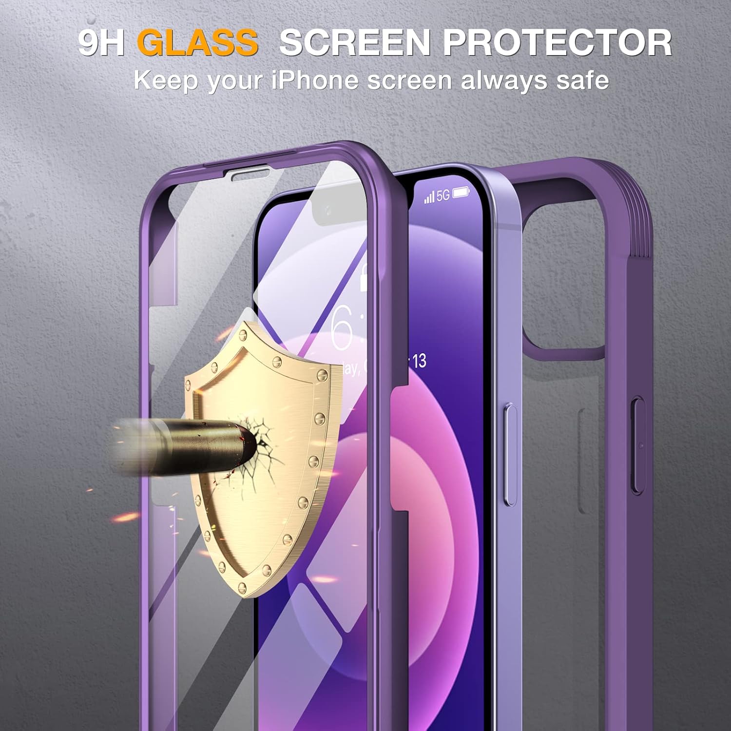 71nZKlOKr1L._AC_SL1500_ Miracase Glass Series for iPhone 12/12 Pro Case 6.1 inch, Upgraded Full-Body Rugged Phone Bumper Case Cover with Built-in 9H Tempered Glass Screen Protector and Camera Protector, Purple