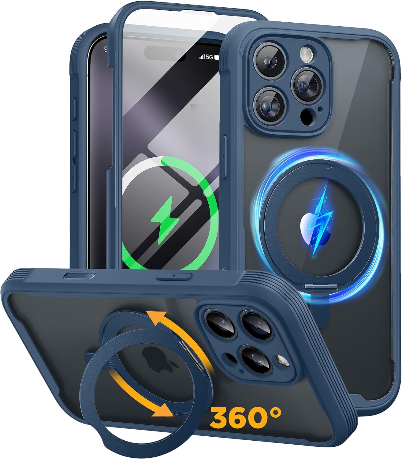 Miracase for iPhone 16 Pro Case with 360° Magnetic Ring Stand [Compatible with Magsafe] Full-Body Drop Proof Bumper Phone Case with Built-in 10H Tempered Glass Screen Protector,Blue