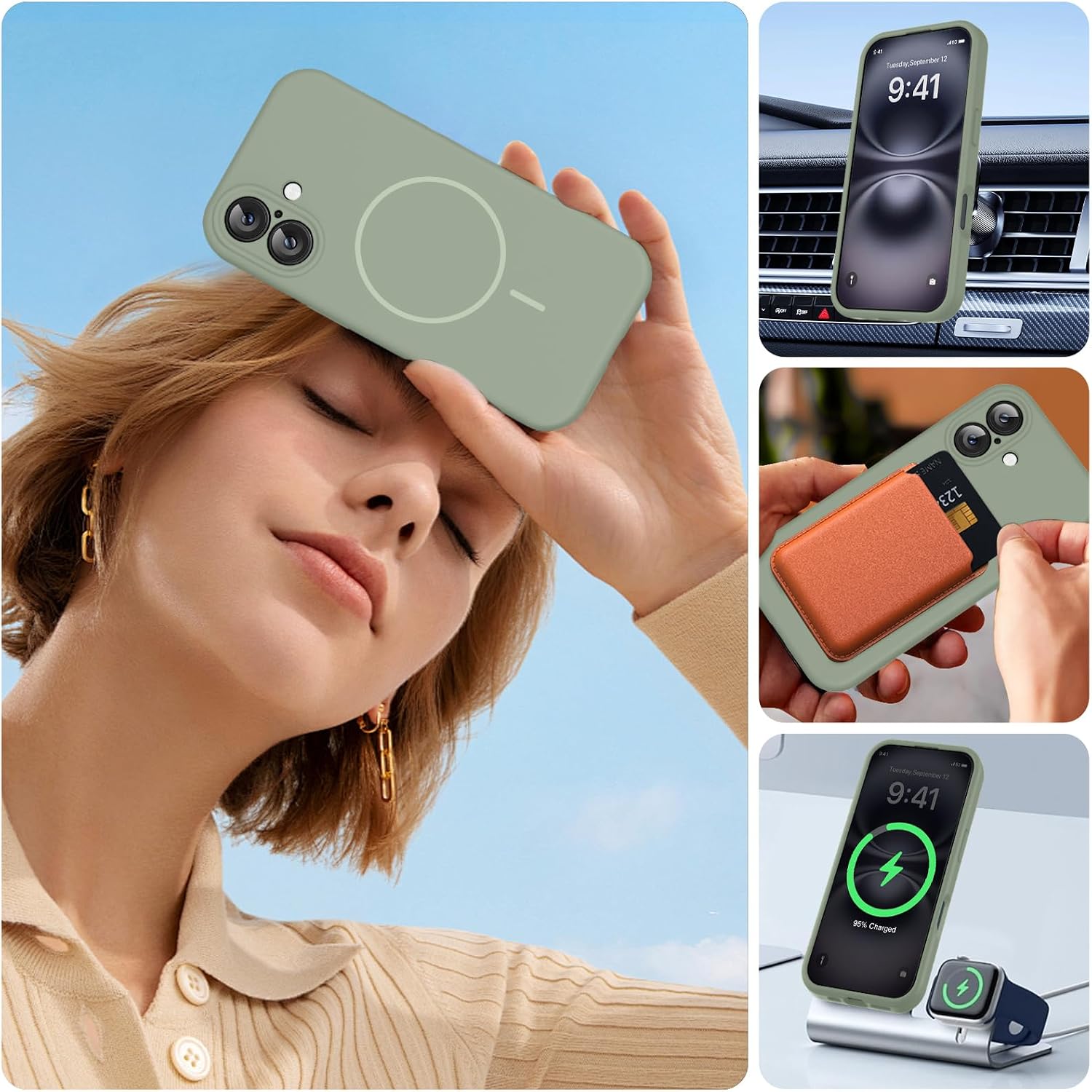 Miracase Compatible with iPhone 16 Case, [Soft Anti-Scratch Microfiber Lining], Compatible with MagSafe, Liquid Silicone Case Shockproof Drop Protection Phone Case for 16,Patina Green