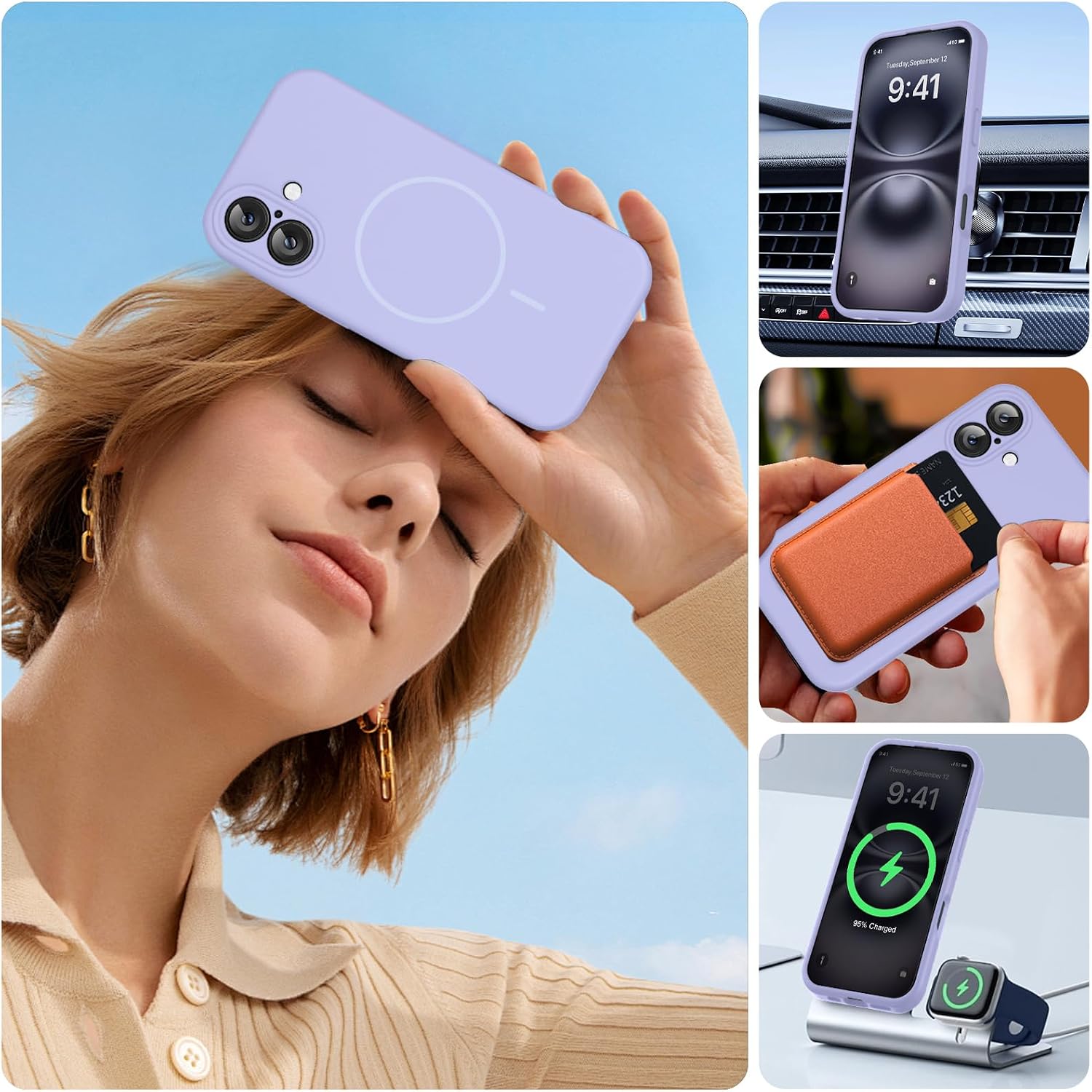 Miracase Magnetic for iPhone 16 Plus Case, [Soft Anti-Scratch Microfiber Lining], Compatible with MagSafe, Liquid Silicone Shockproof Drop Protection Phone Case for 16 Plus,Light Purple