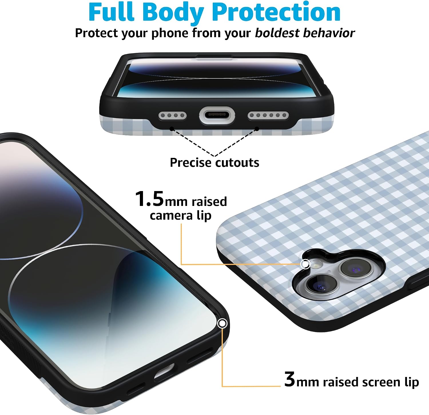 Casely iPhone 16 Case | Pastel Picnic | Blue Gingham | Bold Protective Design | Compatible with MagSafe