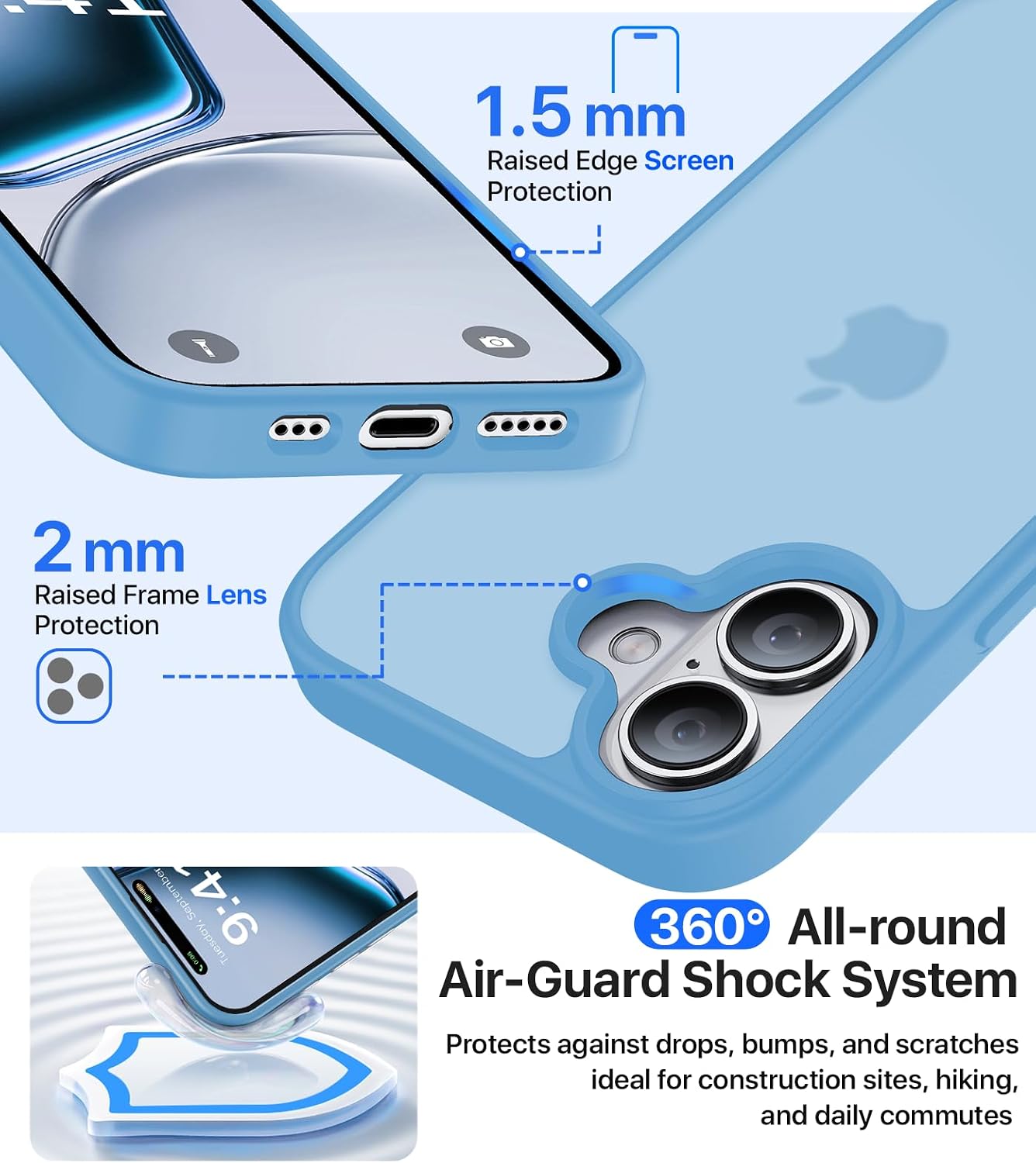 Eastinbox for iPhone 16 Case [16FT Military Grade Shockproof], Anti-Slip Anti-Scratch, Slim Translucent Frosted Matte Protective Cover, i Phone 16 Phone Case 6.1", Lightblue