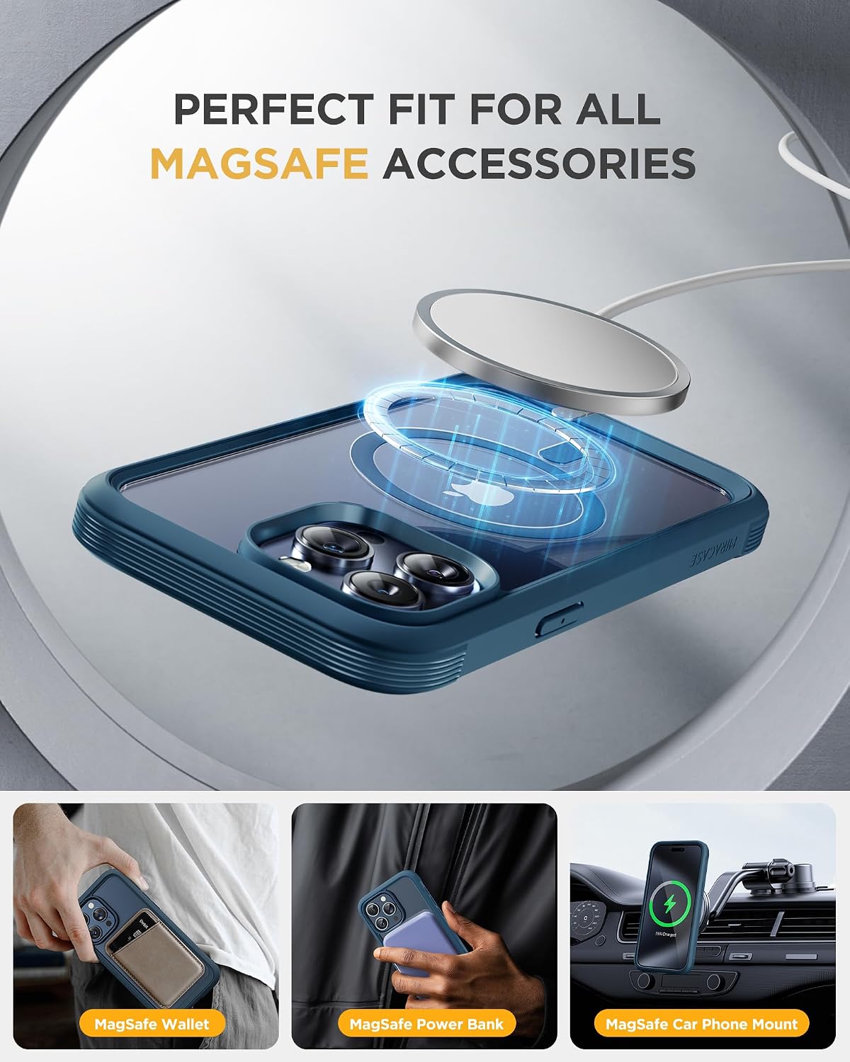 Miracase Magnetic for iPhone 15 Pro Case [Compatible with MagSafe] Full-Body Phone case with Built-in Glass Screen Protector& Camera Protector, Military Drop Proof 15 Pro Cover 6.1 inch, Storm Blue
