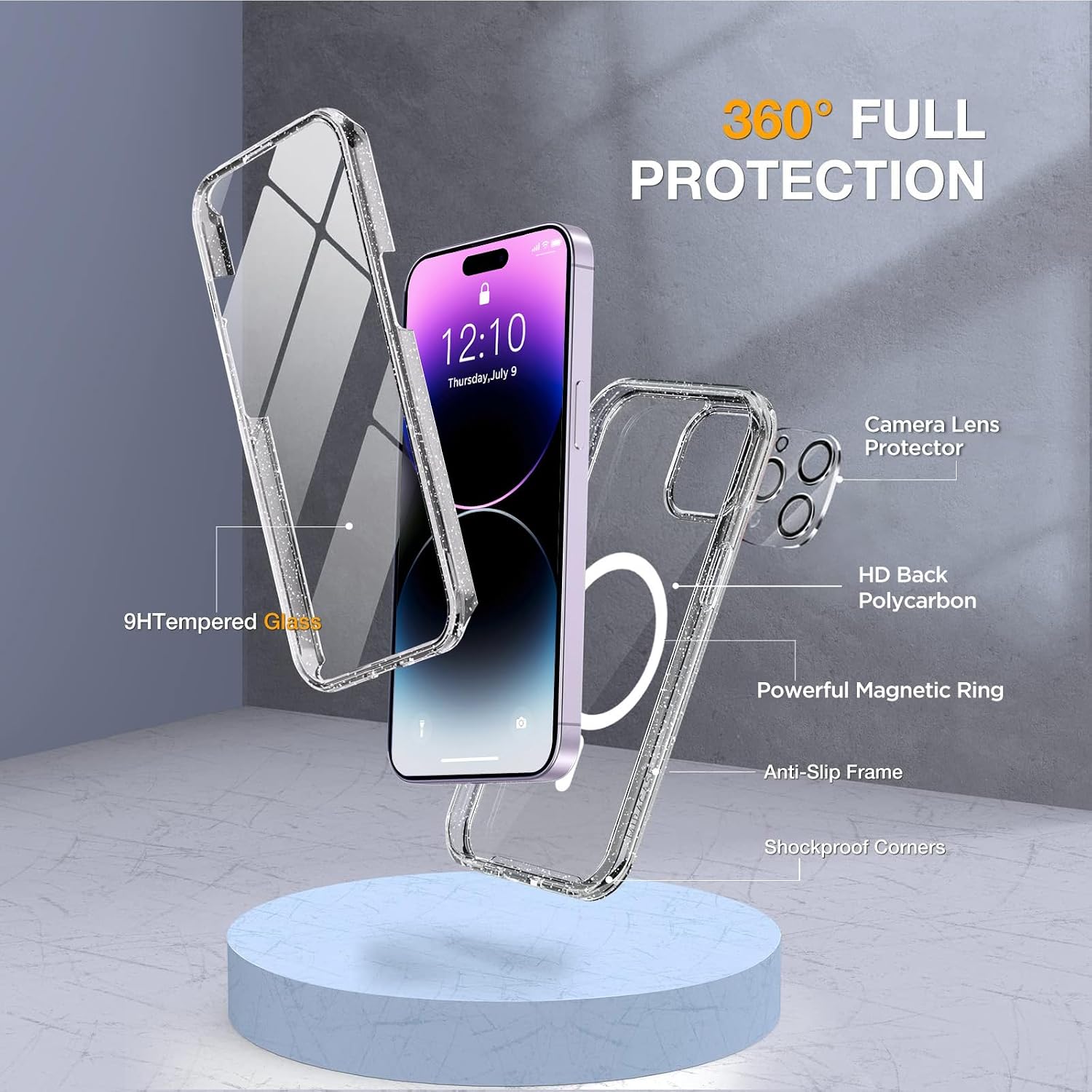 71rvQHkvucL._AC_SL1500_ Miracase Magnetic for iPhone 14 Pro Max Case 6.7 inch, (Compatible with MagSafe) Upgrade Full-Body Clear Phone Bumper Case with Built-in 9H Tempered Glass Screen Protector, Magnetic Glitter Clear