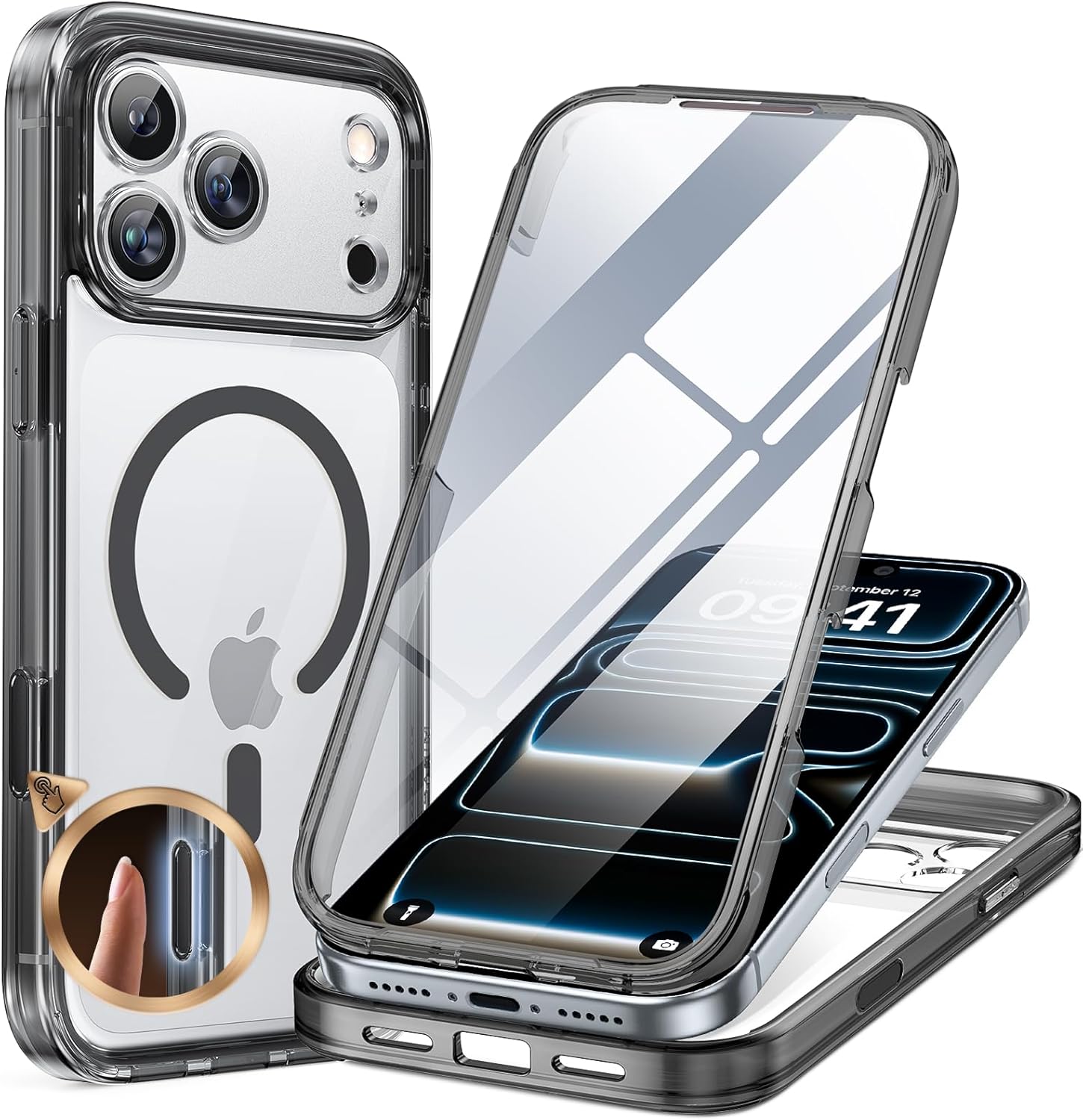 Miracase Magnetic for iPhone 17 Pro Case 6.3" [Compatible with MagSafe] Full-Body Phone Case with Built-in Glass Screen Protector & Camera Control,Drop Proof iPhone 17 Pro Cover, Clear Black