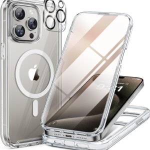 Miracase Magnetic for iPhone 15 Pro Case Full-Body Bumper Phone case with Built-in Glass Screen Protector& Camera Protector, [Compatible with MagSafe] Military Drop Proof 15 Pro Cover 6.1 inch,Clear
