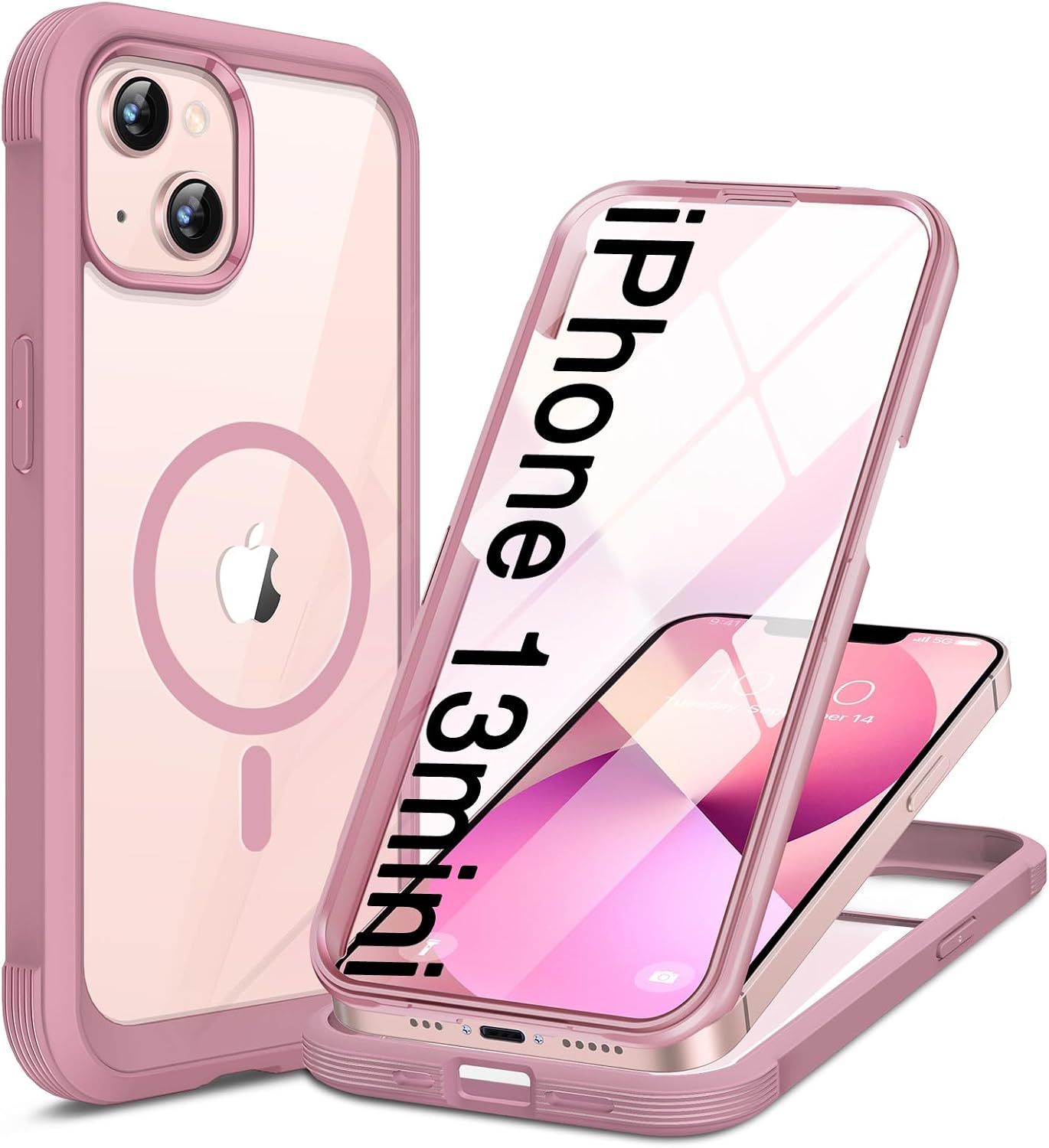71sjHIastkL._AC_SL1500_ Miracase for iPhone 13 mini Case 5.4",Full-Body Protection,Clear Bumper Case with Built-in 9H Tempered Glass Screen Protector,Military-Grade Drop Protection Outdoor Phone Case for 13 mini,Dark Pink