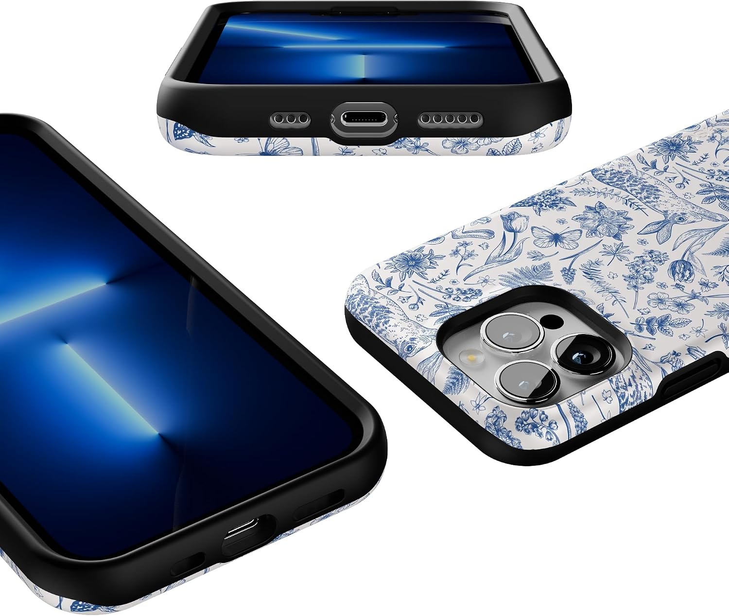 Casely iPhone 13 Pro Case | Blue Vintage Rabbits in Spring Flowers | Compatible with MagSafe | Bold Protective Design