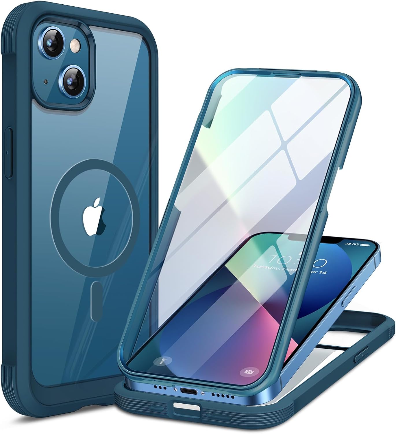 71vVrdOuzaL._AC_SL1500_ Miracase for iPhone 13 Case 6.1'',Full-Body Magnetic Clear Bumper Case with Built-in 9H Tempered Glass Screen Protector,Military Drop Protection Outdoor Phone Case,Storm Blue