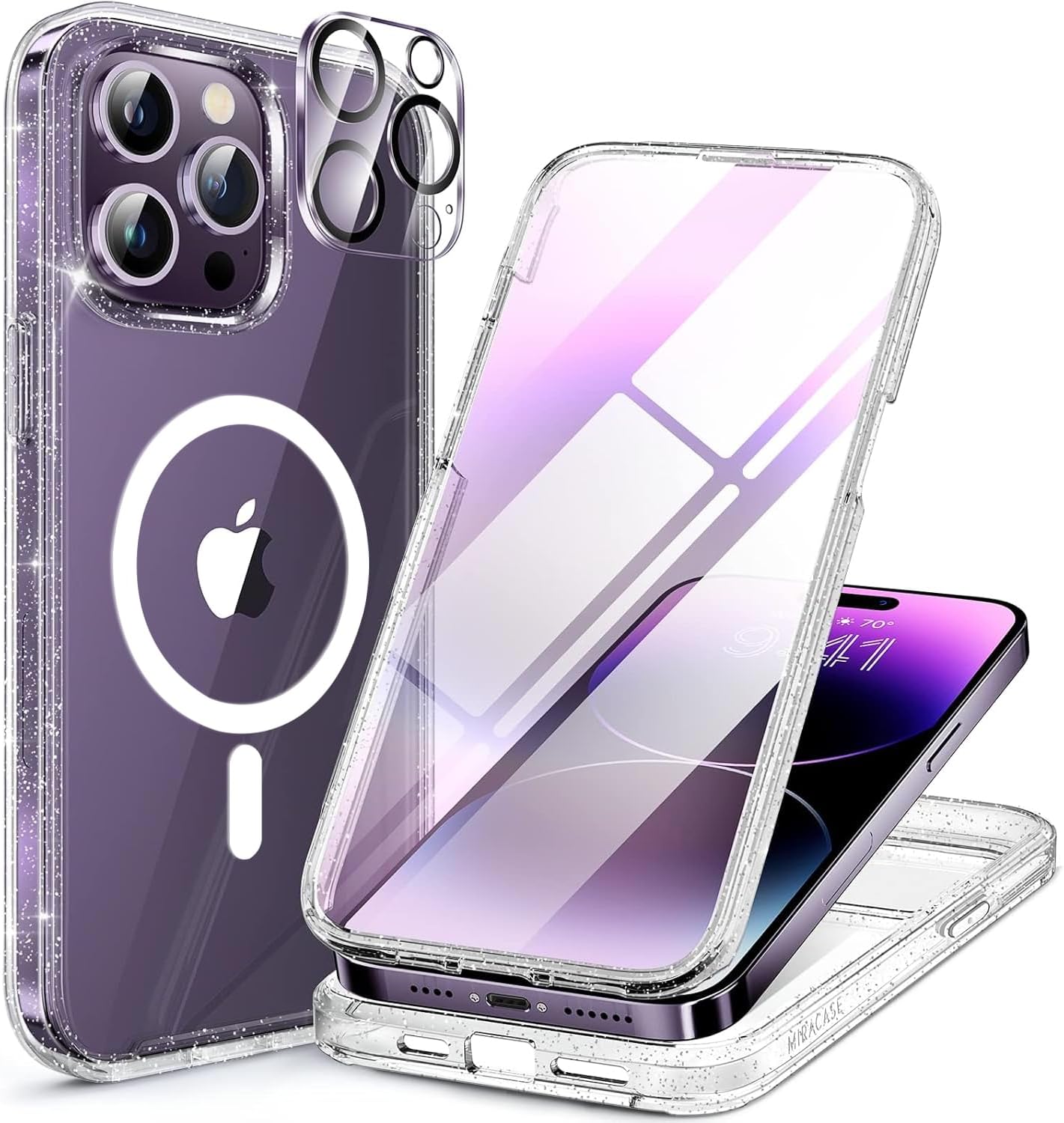 71vXE3j-SzL._AC_SL1500_ Miracase Magnetic for iPhone 14 Pro Max Case 6.7 inch, (Compatible with MagSafe) Upgrade Full-Body Clear Phone Bumper Case with Built-in 9H Tempered Glass Screen Protector, Magnetic Glitter Clear